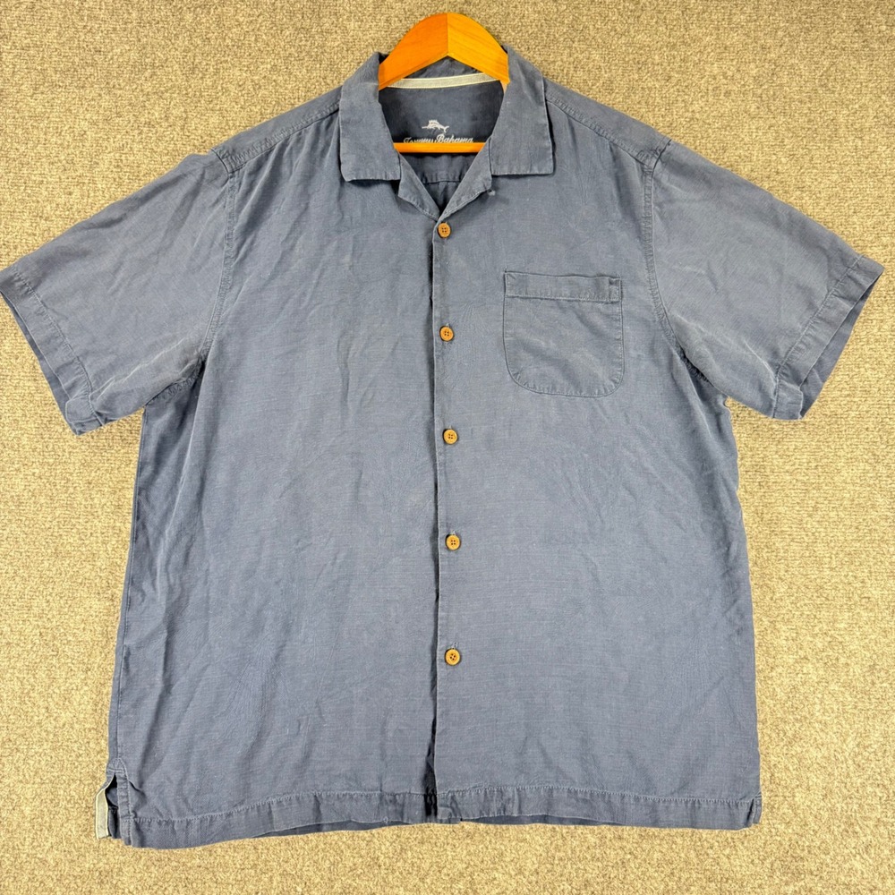 Tommy Bahama Silk Camp Shirt Men's Large Blue Short Sleeve Jacquard Palm Casual